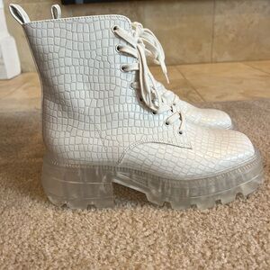 Katy Perry White Snakeskin Comat Boots with Clear Sole
